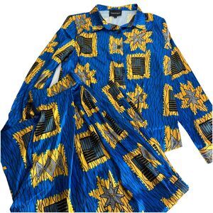 Tribalbyn Zambia African Print Blue Gold Matching Two Piece Set Size L New